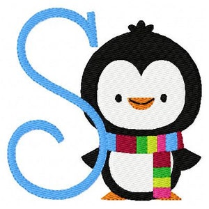 May include: A blue letter S with a cute cartoon penguin wearing a colorful scarf. The penguin is standing next to the letter.