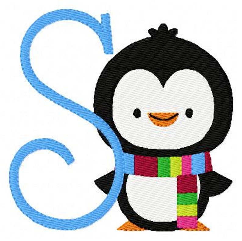 May include: A blue letter S with a cute cartoon penguin wearing a colorful scarf. The penguin is standing next to the letter.