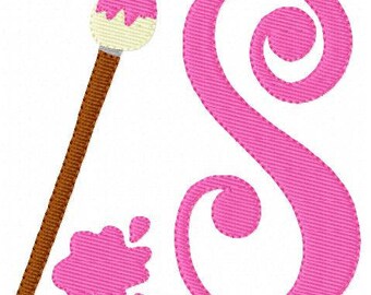 May include: Pink paintbrush with a brown handle, a pink paint splatter, and a pink stylized letter S.