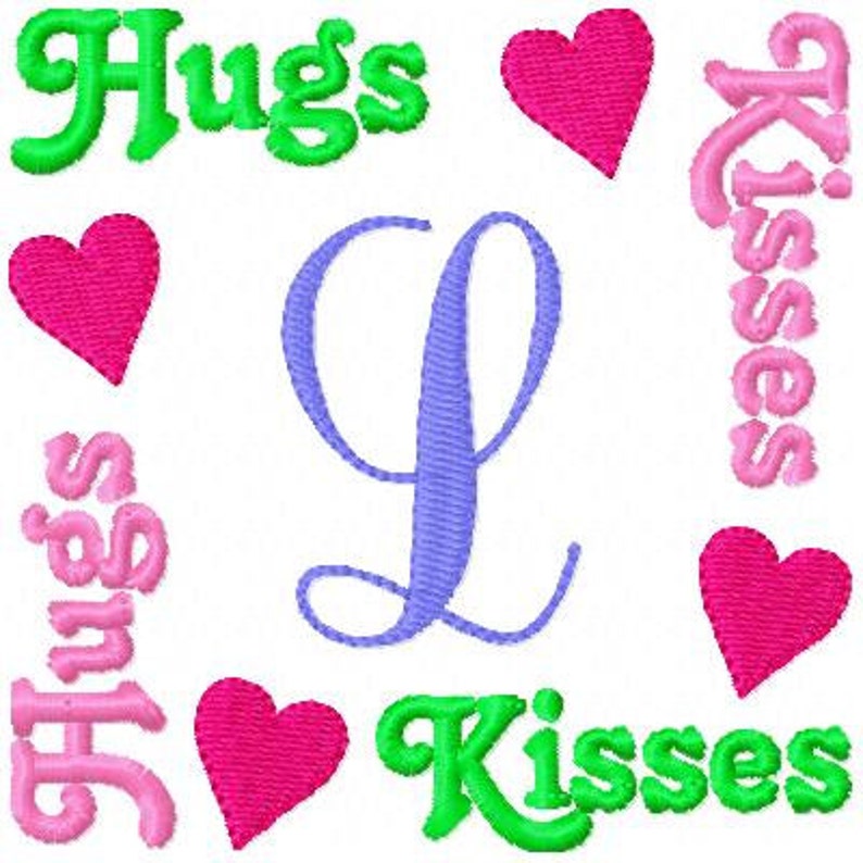 Hugs Kisses Valentine Heart Monogram Machine Embroidery Font Design Set, Valentine Embroidery Designs. Joyful Stitches image 1