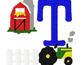 Farm Machine Embroidery Monogram Font Design Set, Machine Embroidery Designs, Embroidery Font, tractor, barn // Joyful Stitches