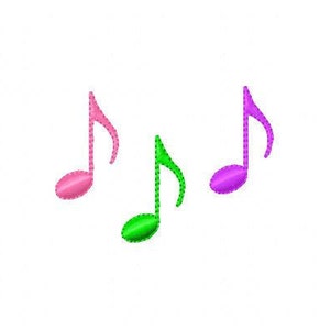 Peut inclure: Trois notes de musique en rose, vert et violet. Les notes sont stylisées et ont un contour pointillé.