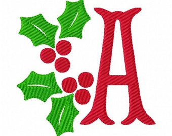 May include: A red letter A with a green holly leaf and red berry design.