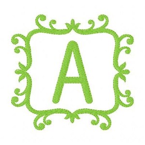 May include: A green letter A in a decorative green frame with a floral design.