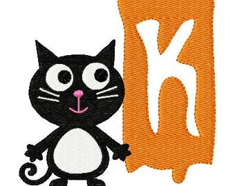 Black Kitty Cat Spooky Machine Embroidery Monogram Font Design Set