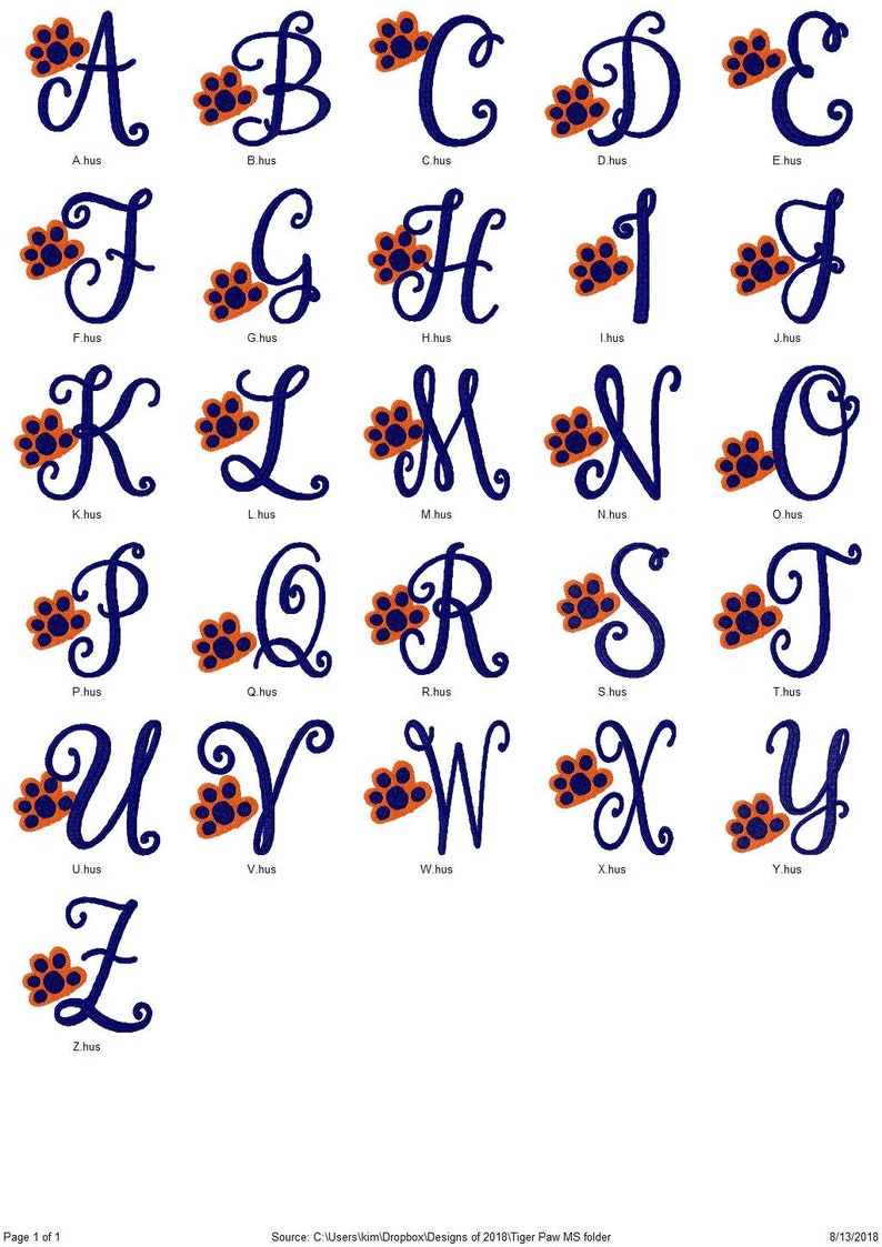Paw Print // Tiger // Monogram Font Machine Embroidery Etsy