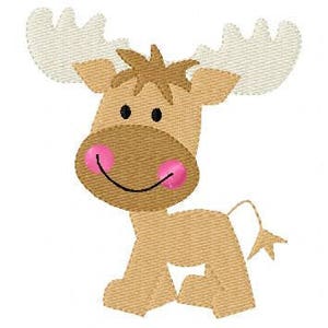 May include: A brown and white cartoon moose with pink cheeks and a big smile. The moose has a brown nose and large, white antlers.