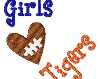 Girls Love Tigers Embroidery Pattern, Machine Embroidery, Embroidery Designs, Football, Heart, Girls Heart Tigers Football