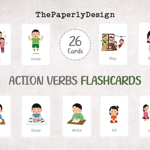 Action Verbs Flashcards : 26 Fun Movements for Kids (Digital Download A4 Size)