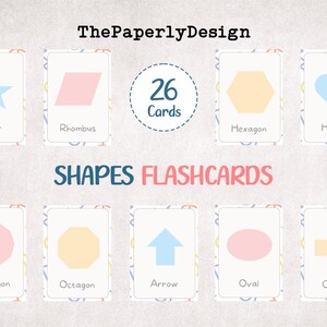 Könnte beinhalten: Lernkarten mit verschiedenen geometrischen Formen wie Sternen, Rauten und Herzen. Jede Karte zeigt eine Form und ihren Namen. Das Set enthält 26 Karten. Das Design enthält den Text "Shapes Flashcards".
