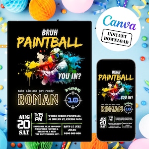 Edytowalne zaproszenie na urodziny paintball | Szablon Canva | Zaproszenie na imprezę dla chłopców do druku | Pobieranie cyfrowe | Natychmiastowy dostęp