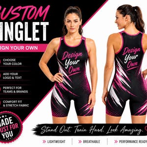Pode incluir: Singlete personalizado preto e rosa com o texto "Design Your Own". O singlete apresenta um design geométrico rosa e branco. A imagem também inclui o texto "Choose Your Color", "Add Your Logo & Text" e "Comfort Fit & Stretch Fabric".