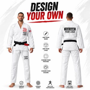 May include: White martial arts uniform with a black belt. The text "DESIGN YOUR OWN" is at the top. The uniform has areas for customization with the text "YOUR NAME" and "YOUR LOGO". Icons indicate options to add a name, logo, patches, and colors.