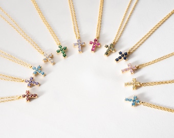 Sterling Silver Birthstone Cross Necklace, Personalized Religious Pendant