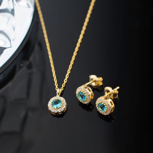 Blue Topaz Birthstone Jewelry Set, December Birthstone Round Necklace & Earring, Blue Topaz Stud Earrings, December Birthday Gift For Her