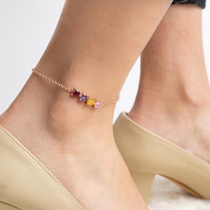 Minimalist Heart Birthstone Anklet, Mom Ankle Bracelet With Kids Birthstone, Love Birthstone Anklet For Her, Summer Jewelry, Graduation Gift