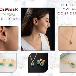 Blue Topaz Birthstone Jewelry Set, December Birthstone Teardrop Necklace & Earring, Blue Topaz Stud Earrings, December Birthday Gift For Her