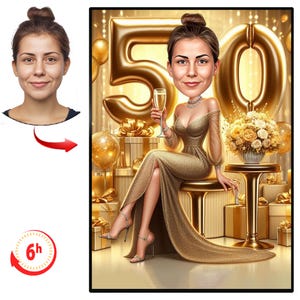 Caricatura personalizada de 50º aniversário a partir de fotos, presente de retrato de desenho animado de feliz aniversário, feliz aniversário de 50 anos, caricatura de foto