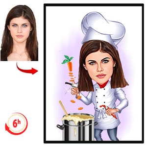 Desenho de caricatura de chef feminina personalizado a partir de sua foto, retrato de cozinha, desenho animado personalizado, desenho de chef feminina, presente para ela.