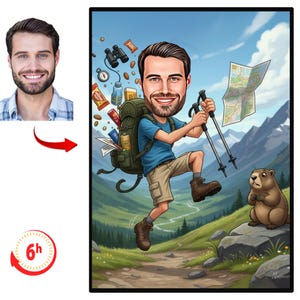 Puede incluir: Ilustración de dibujos animados de un hombre caminando por las montañas, con una mochila y bastones de senderismo. La imagen incluye un mapa, binoculares y un pequeño animal. El estilo es colorido y caprichoso, con una caricatura del hombre.
