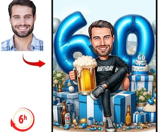 Custom 60th Man Cartoon Portrait | 60th Birthday Caricature | Birthday Cartoon | Personalized Birthday Gift | Man&#39;s Birthday |Funny Gift