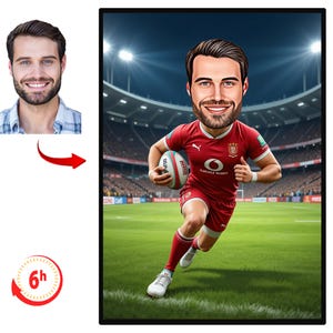 Caricatura personalizzata di un giocatore di rugby / Disegno di un cartone animato personalizzato da foto / Regalo di rugby per lui / Divertente ritratto artistico di football americano