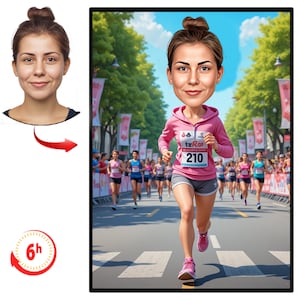 Custom Woman Running, Cartoon Caricature, Caricature Gift for Runner, Runner Sprinter, Caricature from Your Photo, Morning Walk Art.