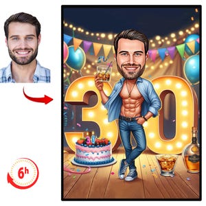 Custom 30th Mann Cartoon Portrait | Karikatur zum 30. Geburtstag | Geburtstag Cartoon | Personalisierte Geburtstagsgeschenk | Geburtstag des Mannes | Einzigartiges Geschenk