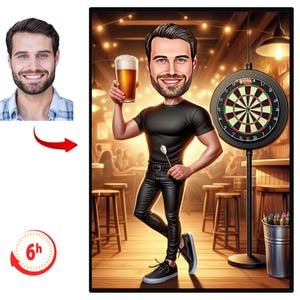 Retrato de desenho animado de jogador de dardos personalizado, desenho de caricatura de dardos personalizado, caricatura engraçada, presente para amigo, bebedor, pub, cerveja, darter