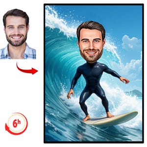 Custom Surfer Cartoon Portrait | Personalized Surfer Drawing | Gift For Surf Boarder | Surf Boy Gift | Surf Lover Gift Idea | Water Sport