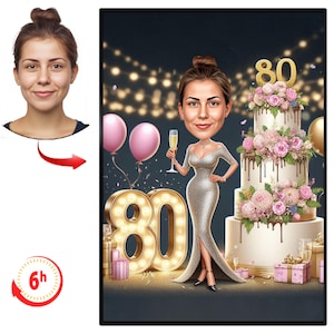 Caricatura personalizada de 80º aniversário a partir de fotos, presente de retrato de desenho animado de feliz aniversário, feliz aniversário de 0º aniversário, caricatura de foto