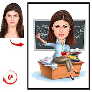 Physics Teacher Cartoon Portrait, Physics Teacher Caricature, Gift for Female Physics Teacher, Funny Physics Teacher Caricature from Photo