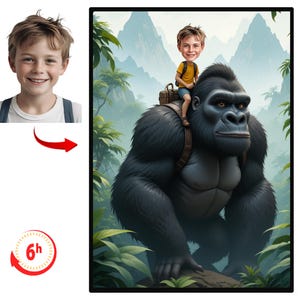 Toddler Riding Gorilla King Kong, Personalized Kids Portrait, Custom Baby Portrait, Custom Child Wall Art, Birthday Gifts Present, Monkey