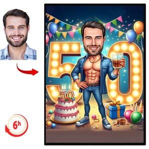 Retrato de desenho animado personalizado de 50º aniversário | Caricatura de 50º aniversário | Desenho de caricatura de feliz aniversário personalizado | Desenho animado de 50º aniversário, Caricatura de aniversário