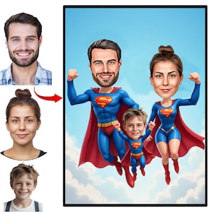 Benutzerdefiniertes Superhelden-Familien-Karikaturporträt, Familienporträt, Familiengeschenk, Superfamilien-Karikatur, Superheld-Karikatur, Karikatur vom Foto