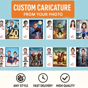 May include: An advertisement for custom caricatures. The image features a variety of cartoon portraits, including superheroes and themed scenes. Text at the top reads "CUSTOM CARICATURE FROM YOUR PHOTO." Icons at the bottom highlight "ANY STYLE," "FAST DELIVERY," and "HIGH QUALITY."