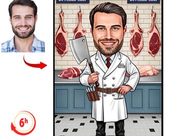 Custom Butcher Cartoon Portrait, Butcher Caricature, Gift for Male Butcher, Funny Butcher Caricature from Photo, Butcher Digital Portrait