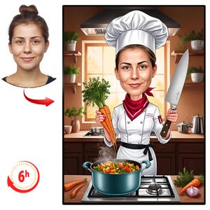Aangepaste vrouw cartoon portret chef-kok, karikatuur chef-kok, cadeau voor chef-kok, cartoon chef-kok, grappige chef-kok cadeau, aangepaste karikatuur van foto, chef-kok cadeau