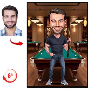 May include: A cartoon illustration of a person playing pool. The person is wearing a black shirt, blue jeans, and holding a pool cue. The pool table is green with brown felt and wooden legs. The background is a dimly lit room with a pool table in the background.