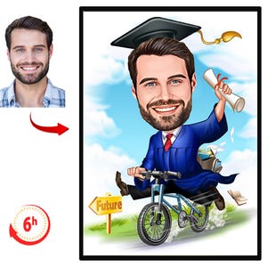 May include: A cartoon illustration of a graduate riding a bicycle with a graduation cap and gown. The bicycle has a sign that says "Future" on it. The background is a blue sky with white clouds.