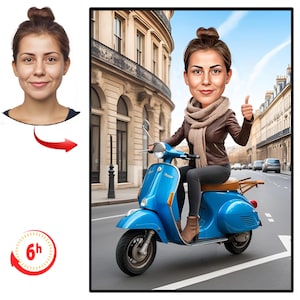 Benutzerdefiniertes Roller-Karikaturporträt, personalisierte Vespa-Karikaturzeichnung, lustige Mod-Karikatur, Geschenk für Vespa-Enthusiasten, Vespa, Lambretta
