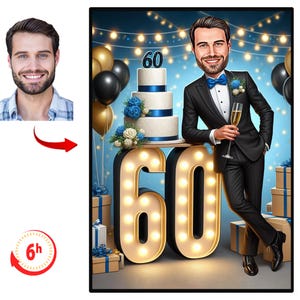 Aangepaste cartoonportret 60e man | Karikatuur 60e verjaardag | Verjaardagscartoon | Gepersonaliseerd verjaardagscadeau | Verjaardag man | Grappig cadeau