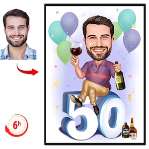Retrato de desenho animado personalizado de 50º aniversário | Caricatura de 50º aniversário | Desenho de caricatura de feliz aniversário personalizado | Desenho animado de 50º aniversário, Caricatura de aniversário