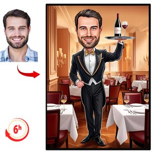 Waiter Cartoon Portrait Drawing from Photo, Waiter Caricature Drawing, Funny Waiter Gift, Waiter Wall Art, Waiter Birthday Gift Ideas