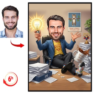 May include: Cartoon illustration of a man in an office setting, holding a lightbulb. He wears a blue blazer and a yellow shirt that says "SUPER BOSS". A coffee mug reads "World's Best...NOT!". A sign says "Hang in there... I'm just a cat!"