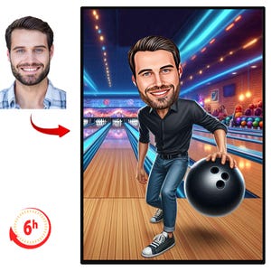 May include: A cartoon illustration of a person bowling. The person is wearing a black shirt, blue jeans, and black shoes. They are holding a black bowling ball with three holes. The bowling ball is on a wooden lane with blue and white markings. The background is a bowling alley with neon lights.
