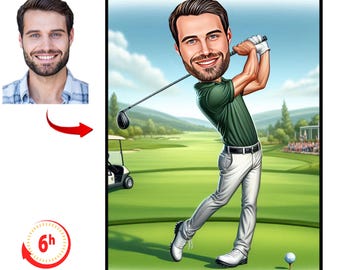 Golfer Gift, Golfer Caricature from Photo, Funny Golfer Drawing Art, Funny Golfer Digital Portrait, Golfer Cartoon Drawing, Men Golf Gift