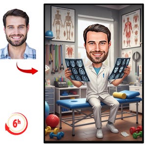 May include: A cartoon illustration of a doctor holding up two X-ray images. The doctor is wearing a white coat and sitting on a blue examination table. The background includes medical charts, exercise equipment, and a 6-hour turnaround time graphic.