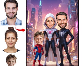 Anpassat superhjältefamiljeporträtt, personlig superhjältekarikatyr från foto, familjens superhjälteteckning, digital nedladdningsbar present