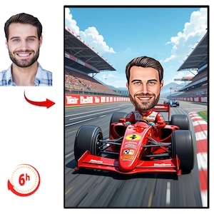 Benutzerdefinierte männliche Formel 1 Karikatur, Cartoon-Porträt vom Foto, Ferrari-Malerei, Formel-1-Geschenk, Autoliebhaber-Porträt, Rennpilotenzeichnung